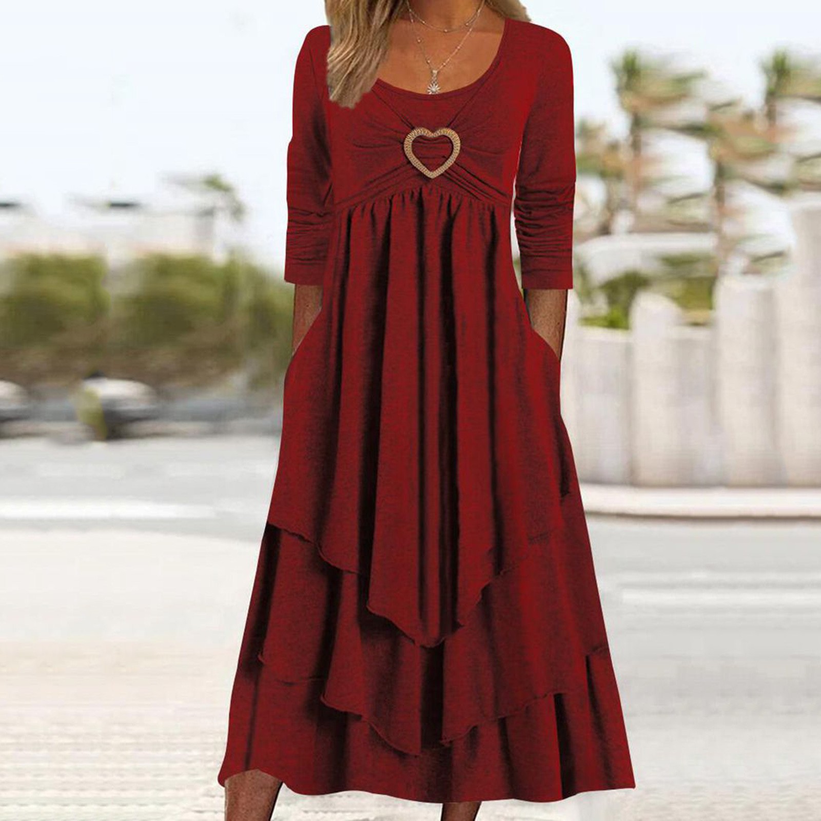 thumbnail image 4 of Vestido holgado de manga larga con fruncidos para mujer - Cuello redondo, fluido, poliéster, informal/para todas las ocasiones - S-XXL, 4 of 5